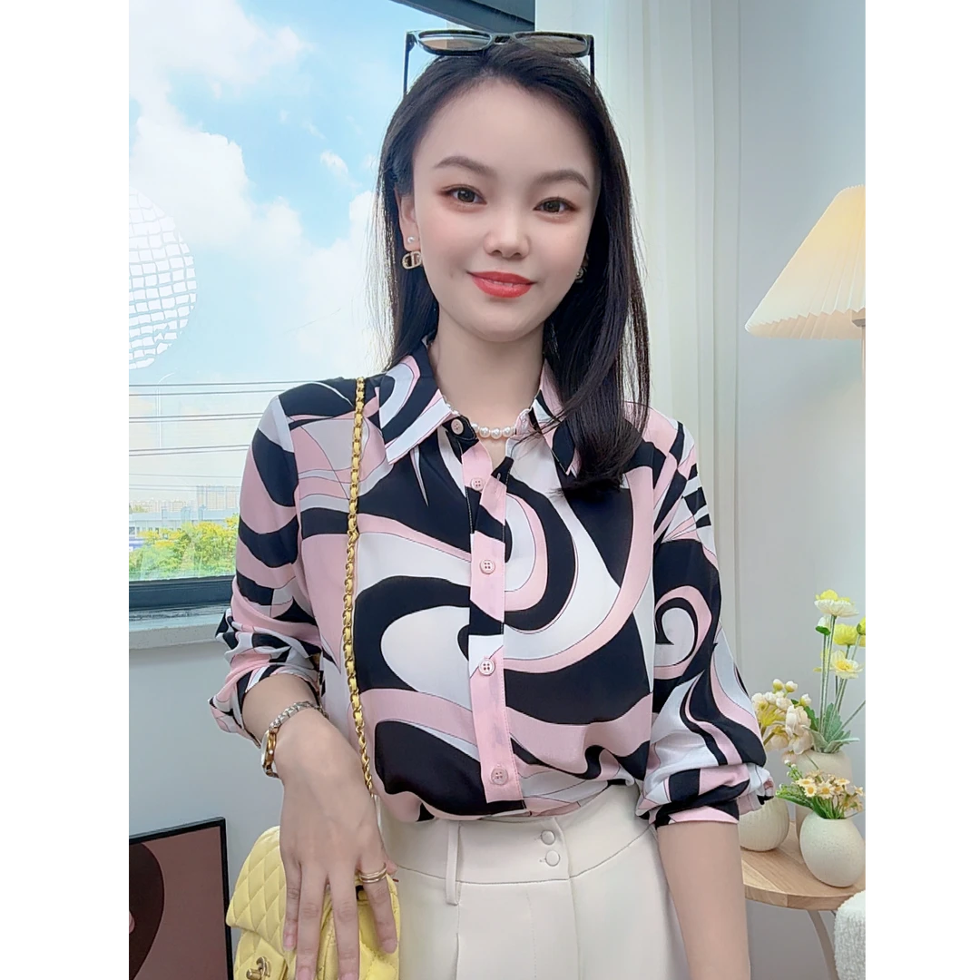 【灿灿】真丝桑蚕丝长袖衬衫女春秋翻领商务通勤印花女士职业上衣