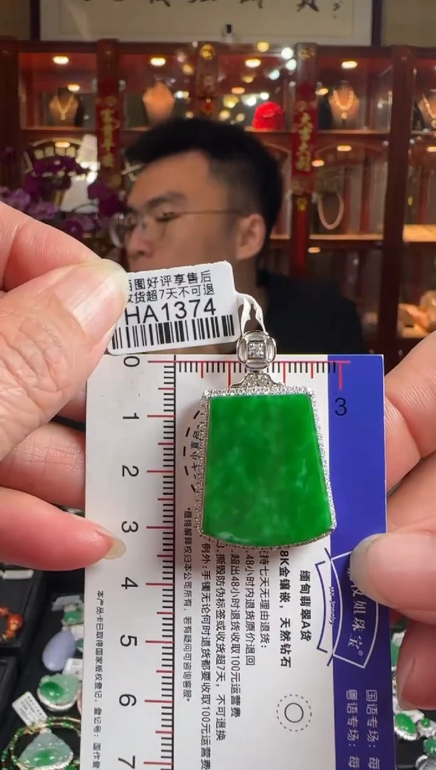 【闪购商品】翡翠颈饰18K金镶嵌HA1374 辣绿无事牌