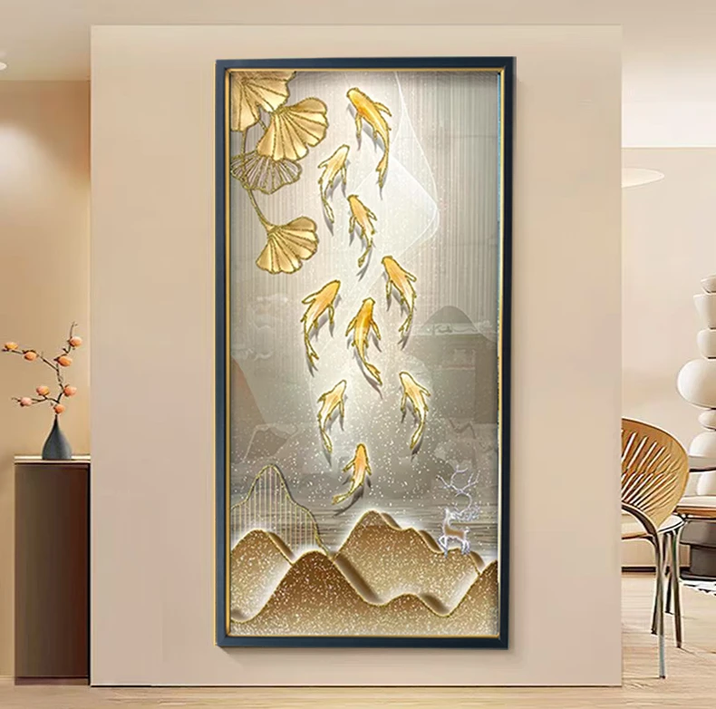 c08九鱼图入户门玄关装饰画现代轻奢走廊过道画高档大气玻璃挂画