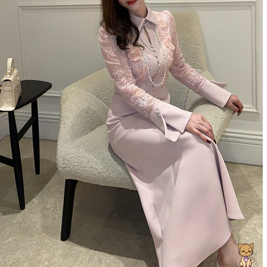 新款蕾丝钉珠名媛时尚气质法式收腰显瘦长袖连衣裙