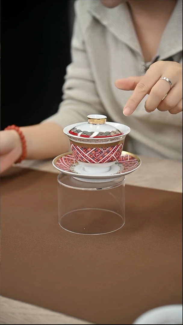 陶瓷微瑕三才盖碗壮锦1套