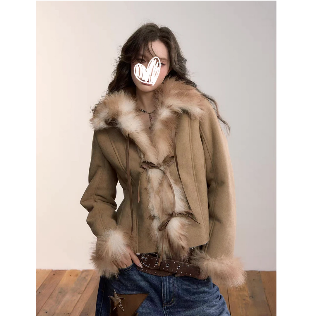 计感重磅蝴蝶结绑带仿皮毛一体外套女装秋冬大毛领上衣