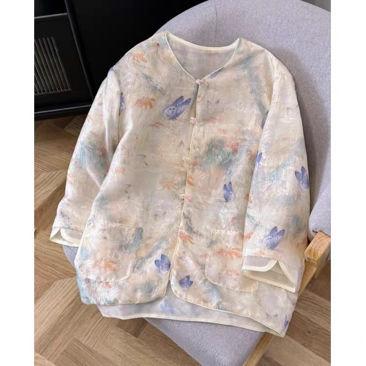 两件套新中式国风盘扣防晒女夏季高端气质水墨晕染蝴蝶套装