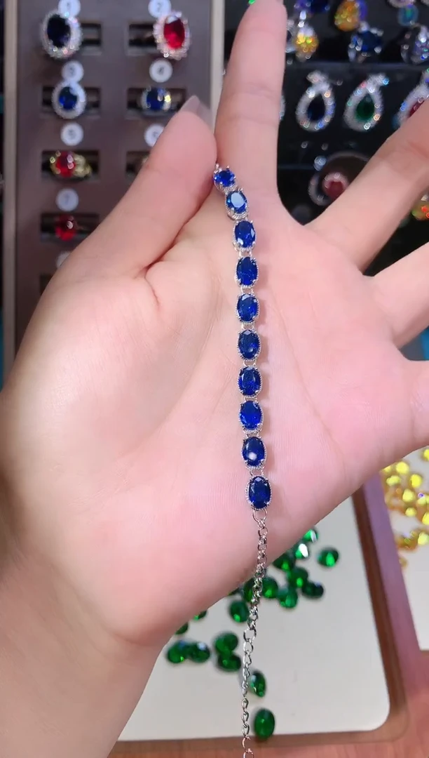 蓝宝石手链银S925镶嵌银色