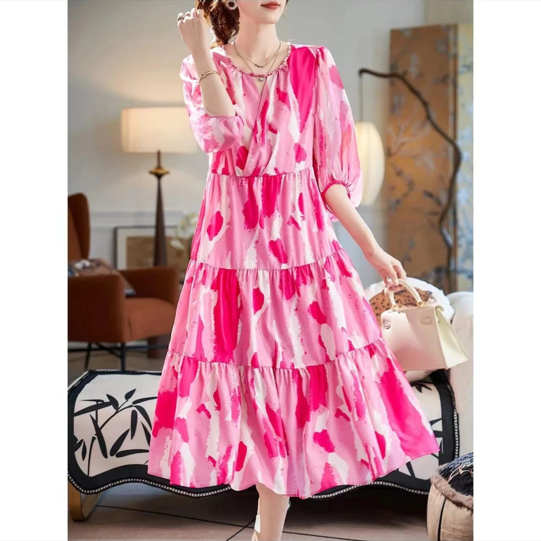 法式轻奢时尚圆领高级收腰甜美气质连衣裙6071