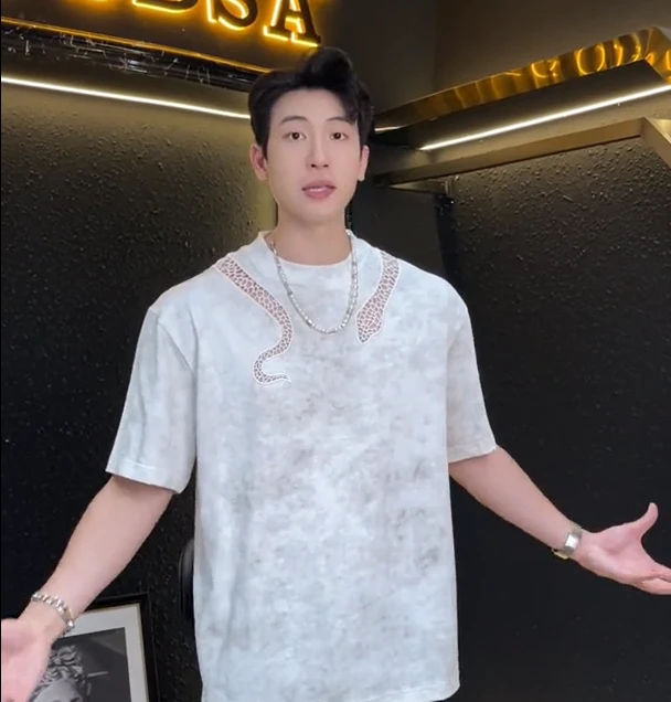 夏季高级感新款美式潮牌镂空网格圆领短袖T恤嘻哈百搭宽松上衣