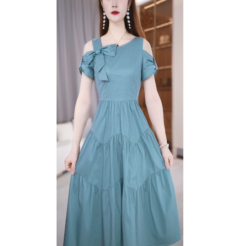 【连衣裙】夏季新款斜领纯色收腰系带时尚气质中长款连衣裙M-4XL