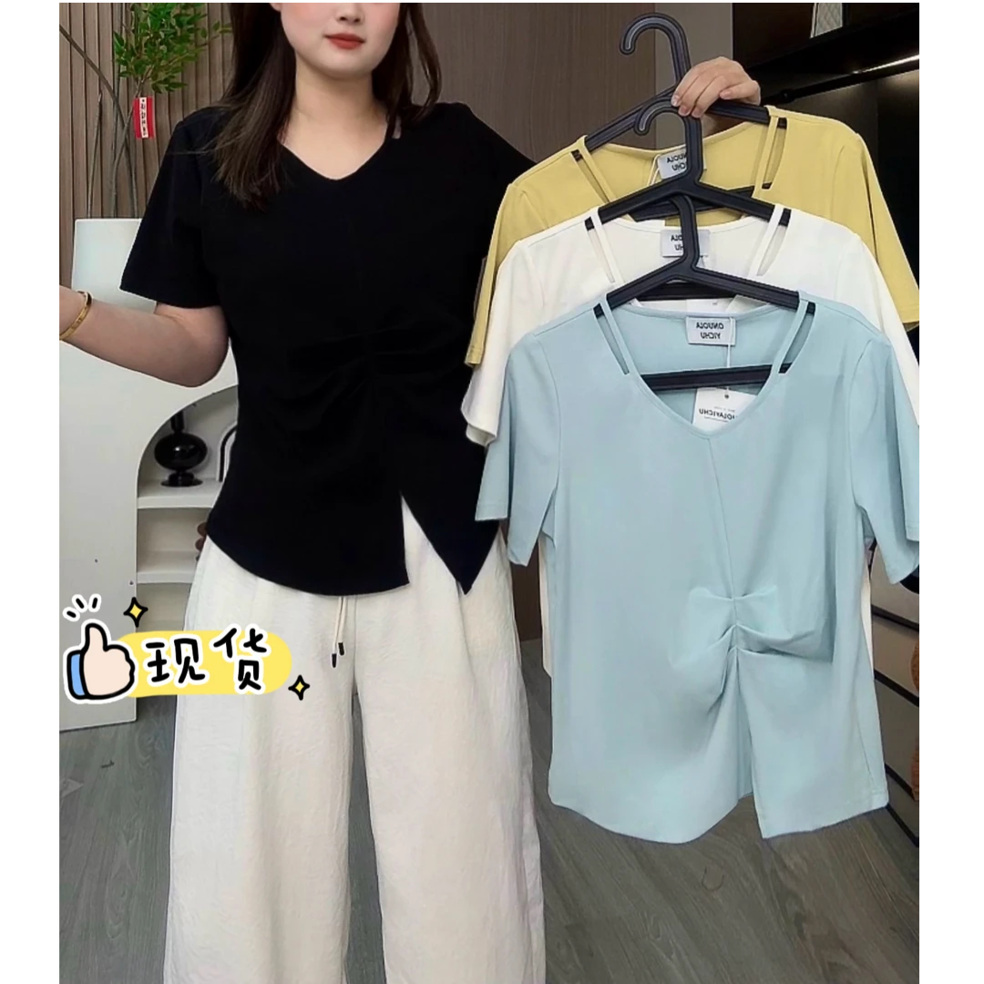 【依依1】大码胖mm2025夏季新款不规则短袖T恤法式V领设计显瘦上衣