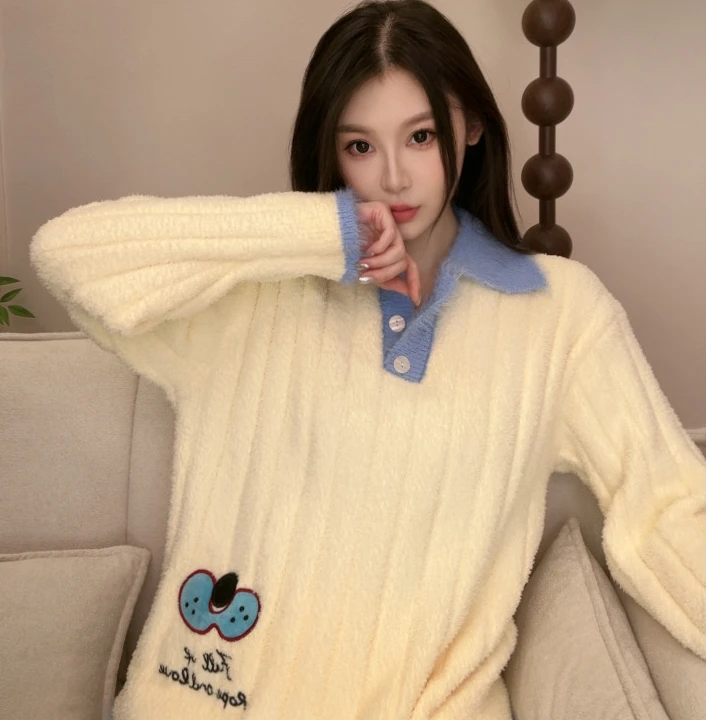 达芬奇密码秋冬奶白POLO女半边绒套装保暖家居服