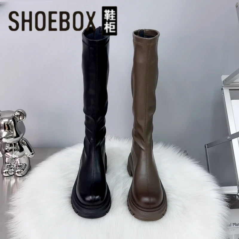 达芙妮集团鞋柜长靴子秋冬季加绒高筒骑士靴厚底增高瘦瘦靴女皮靴