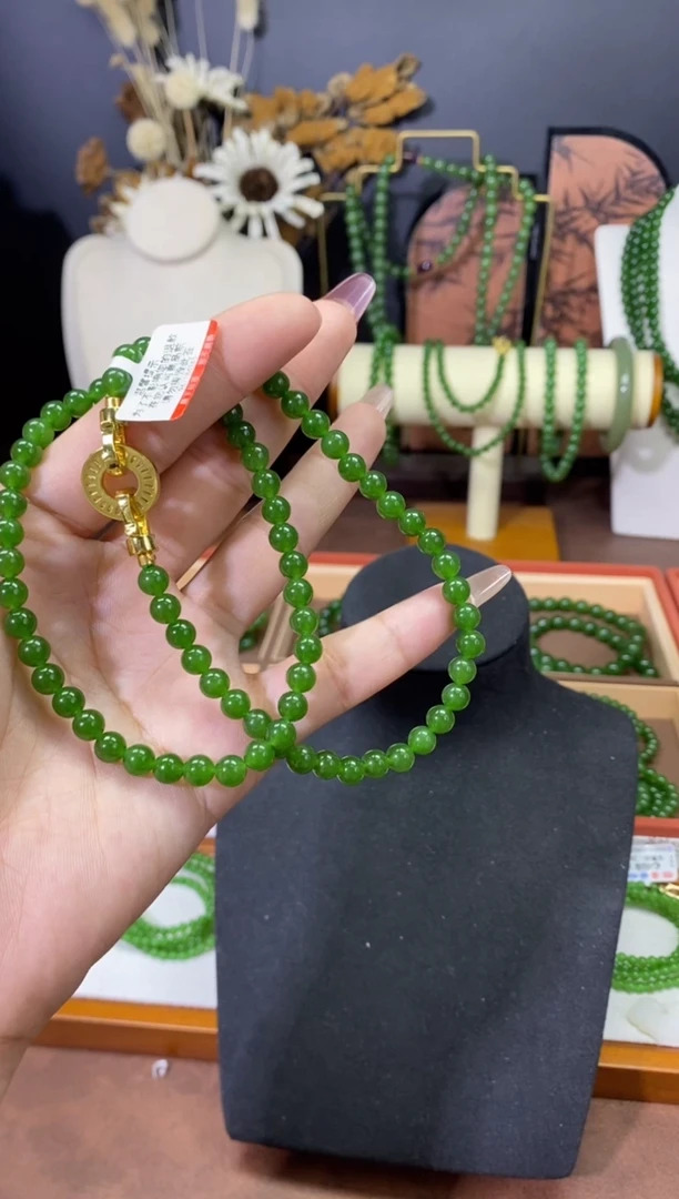 【闪购商品】和田玉（碧玉）颈饰未镶嵌6mm高货辣绿锁骨链