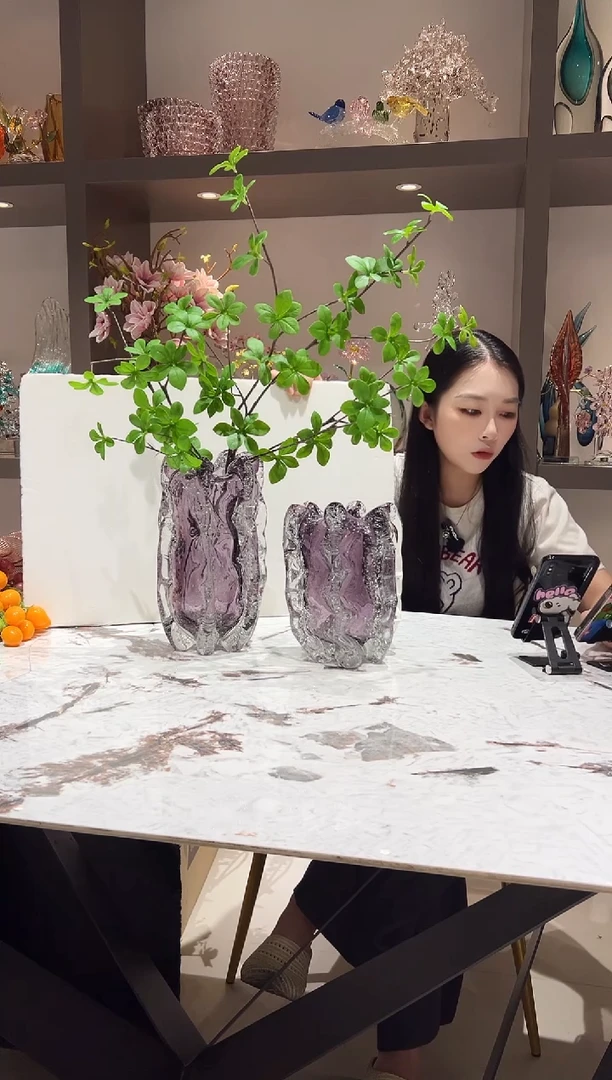 烟紫色气泡琉璃花瓶一对（不含绿植）