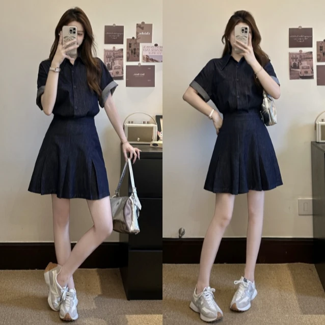 简约风大码连衣裙短袖夏季成人POLO领A字裙单排多扣常规背心