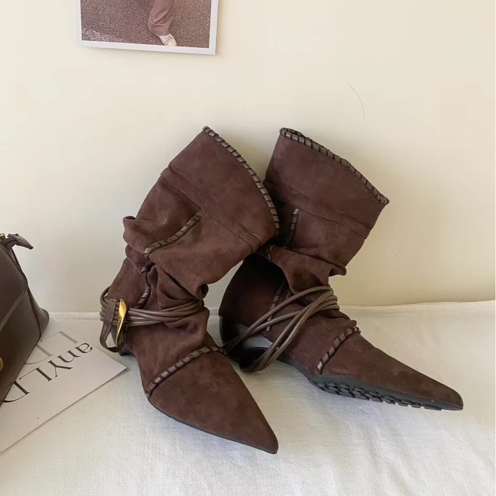 尖头磨砂短靴女增高褶皱两穿小众麂皮复古猫跟西部牛仔堆堆靴MK