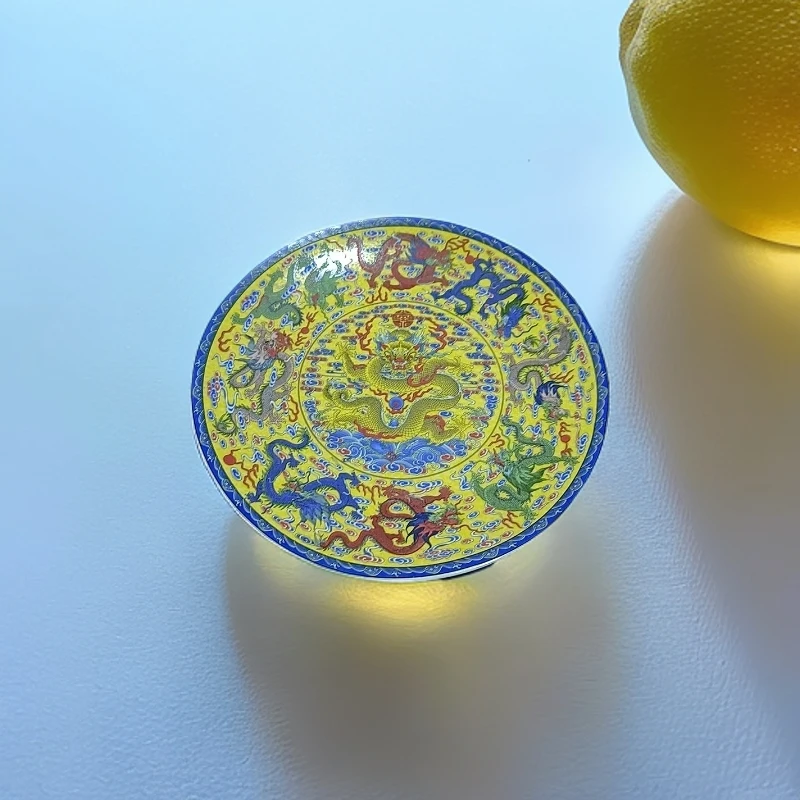 九龙盘子蓝色手工黄色陶瓷摆件碟子瓷盘珐琅彩龙纹复古摆件工艺品