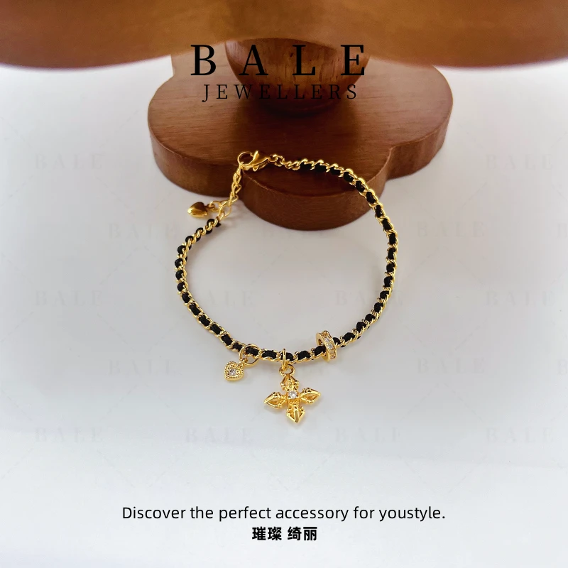 铜合金合成锆石手链 S1845 黑绳 小杵子编织款 复古轻奢