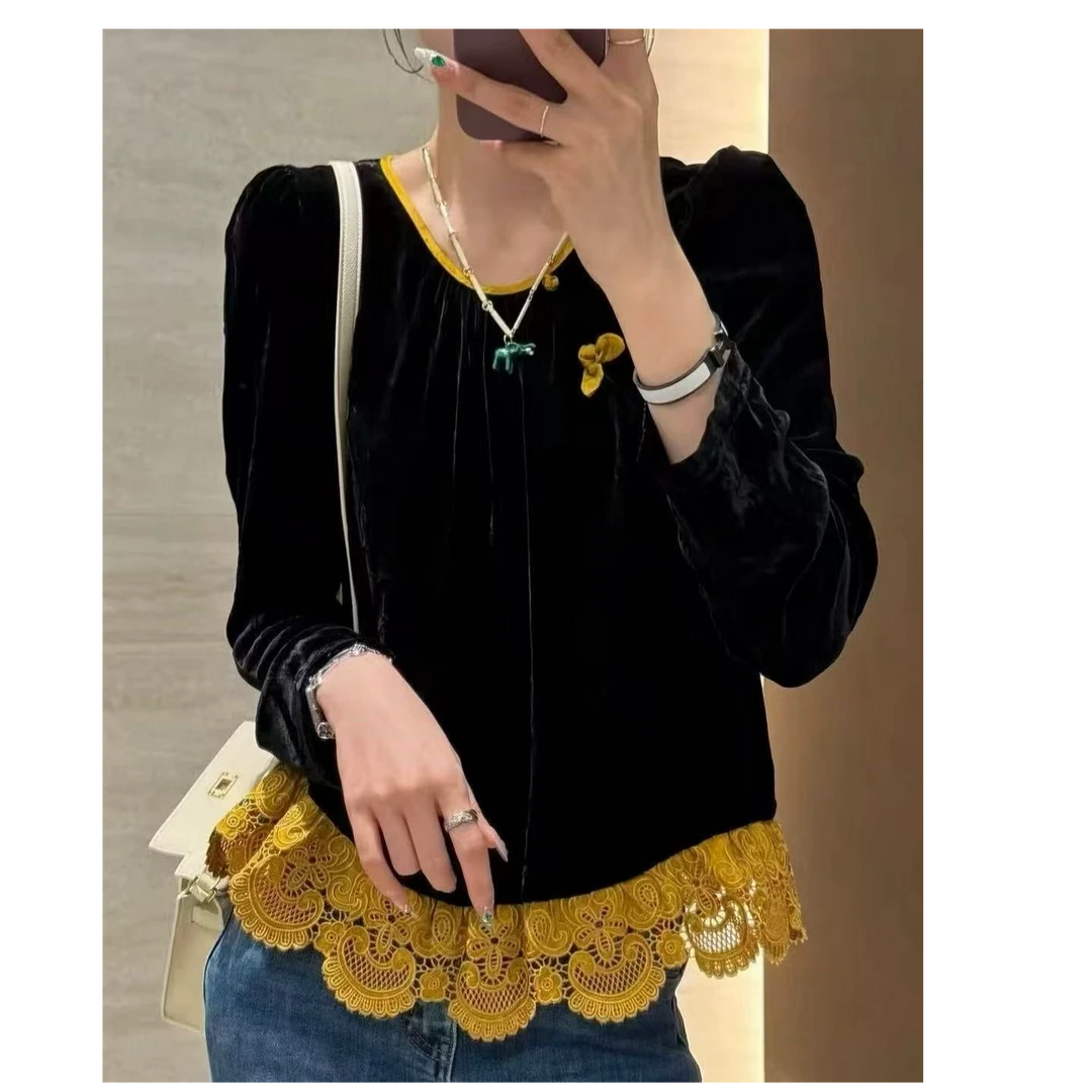 25007 真丝桑蚕丝气质长袖T恤新中式复古常规蕾丝短袖纽扣百搭