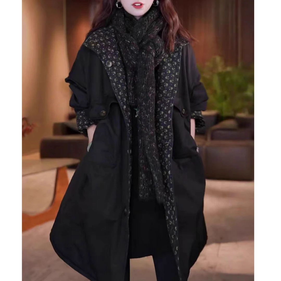 冬季百搭新款连帽宽松休闲中长款棉服时尚大码外套加厚保暖棉袄子