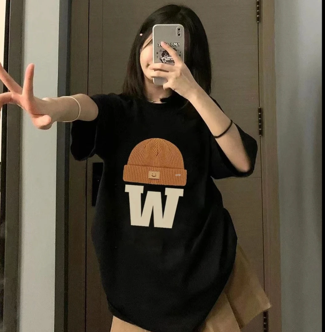 100%纯棉正肩款【毛线帽】情侣潮牌休闲T短袖圆领印花T恤