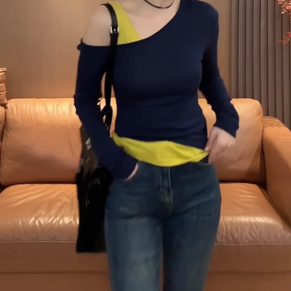 【伯斯尤物】春季上新气质时尚百搭拼接假两件露肩修身显瘦长袖T恤