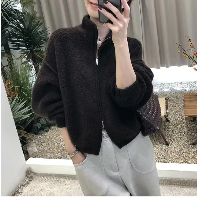 秋冬女装高端圈圈颗粒感外套慵懒风暗坑高领双拉链设计感毛衫外套