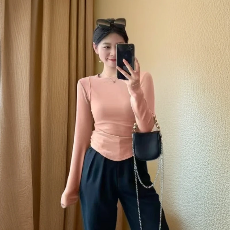 圆领打底衫女新款修身内搭长袖t恤短款上衣Y003