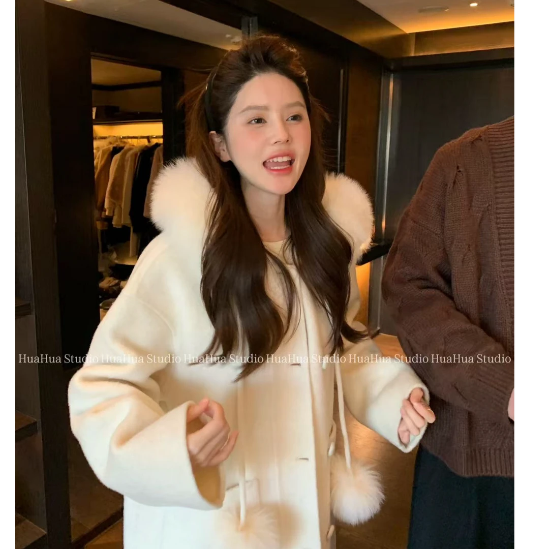 【花花】伦敦艺术~韩系慵懒狐狸毛领连帽中长款双面呢大衣外套