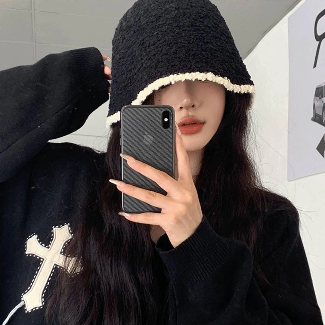 冬季黑色帽子女撞色保暖渔夫帽护耳水桶帽加绒秋冬针织帽成人帽子
