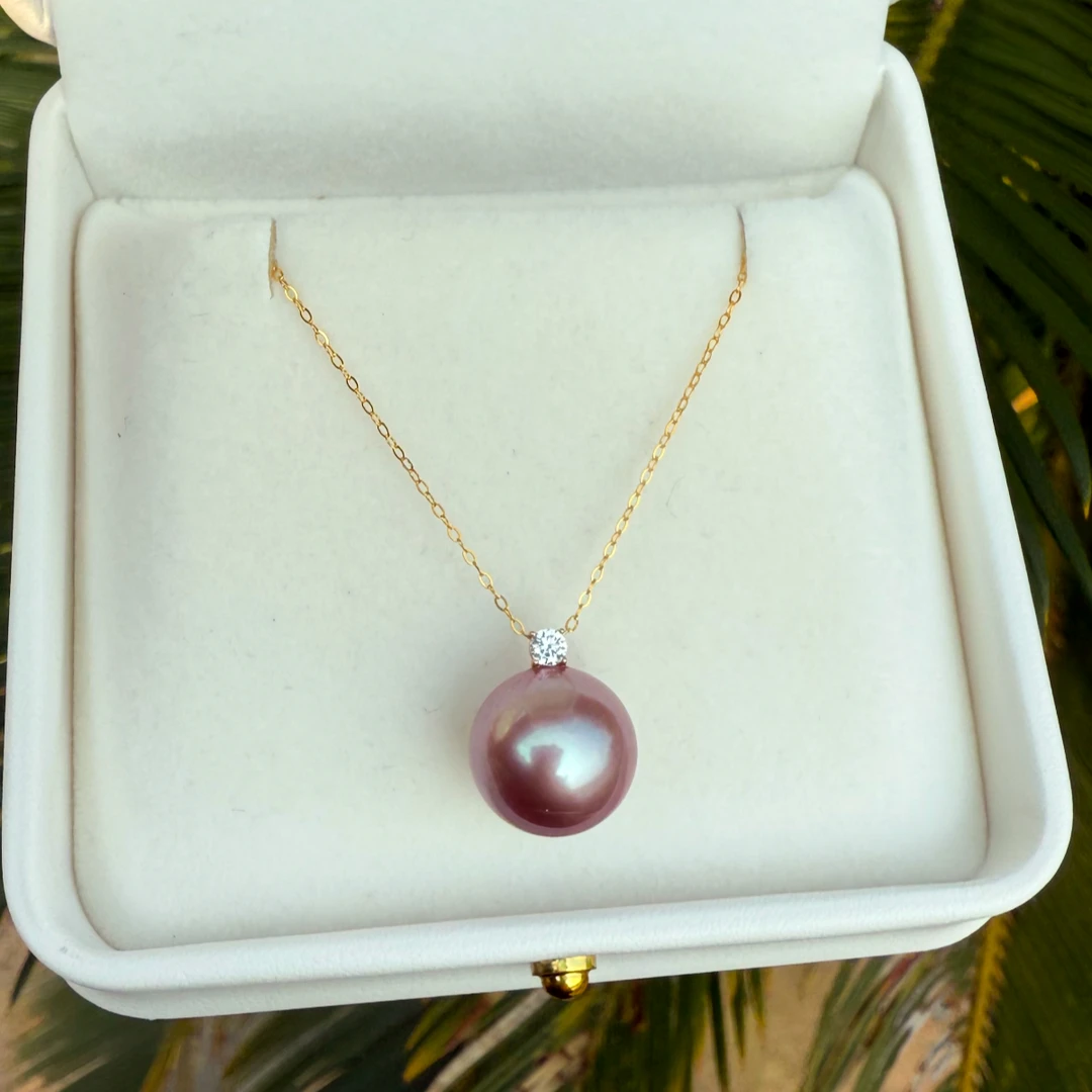 【士玲推荐】18k金扣头紫珠戴妃天然淡水珍珠吊坠13-14mm赠银链