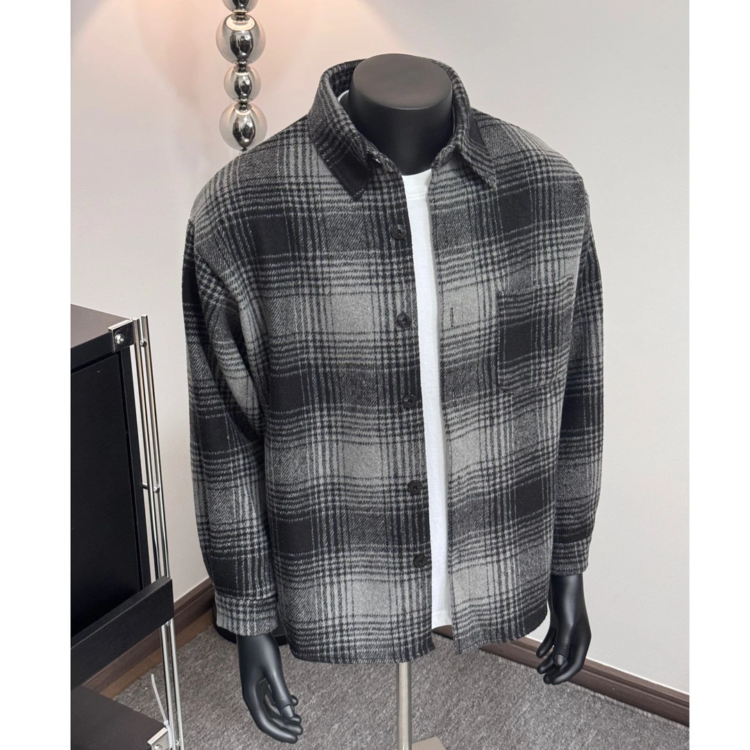 重磅加厚格纹衬衫外套秋冬毛呢长袖港风潮流翻领高级帅气休闲上衣