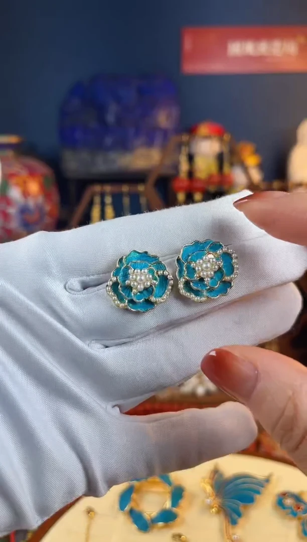 【闪购商品】牡丹珐琅景泰蓝耳钉