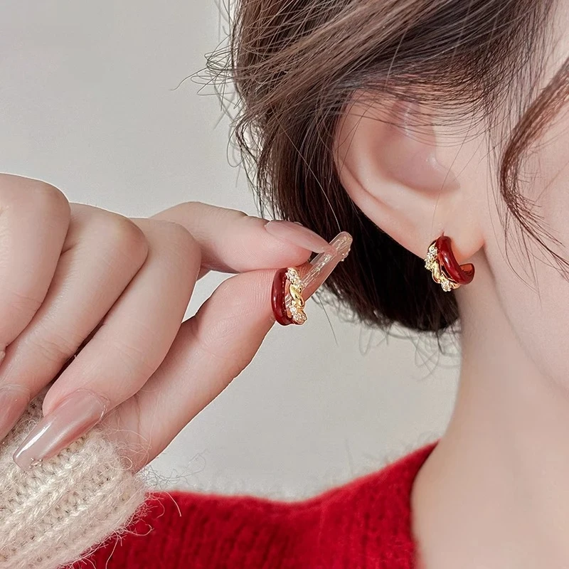铜合金耳饰 复古安可拉红滴釉锆石C形耳环女气质过年耳环新年耳饰