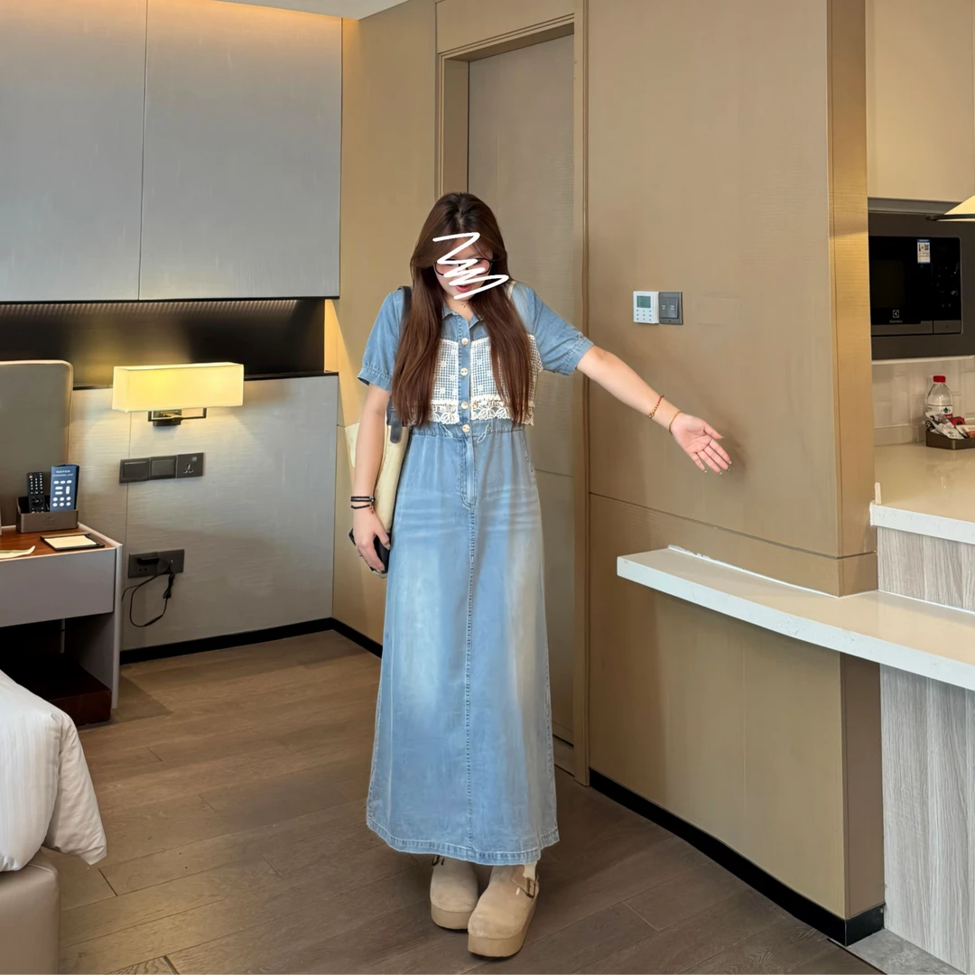 盈盈&南岛风大码女装拼接蕾丝牛仔连衣裙胖mm显瘦减龄长裙ZYY2002