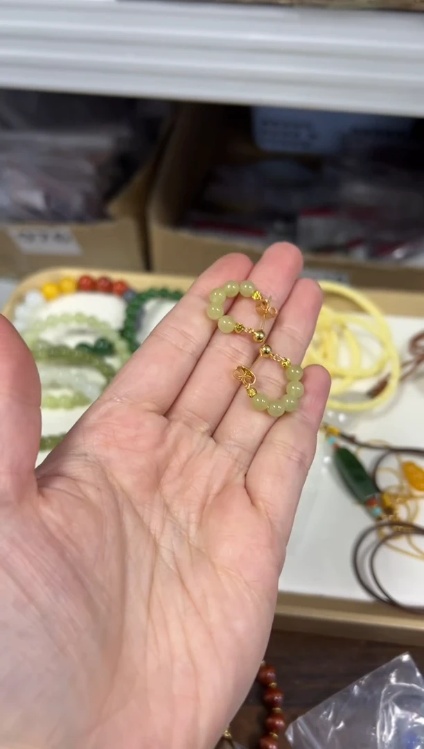 银S925镶嵌和田玉耳饰和田玉黄口银针镶嵌款耳圈[2540]