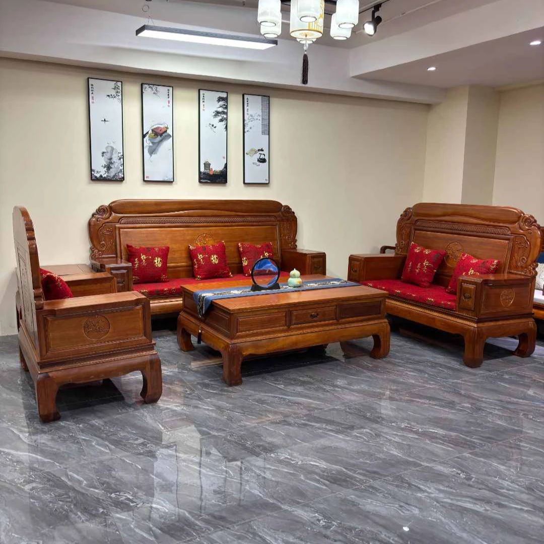 805菠萝格全实木大户型加厚客厅古典仿古冬夏两用雕花家用大沙发
