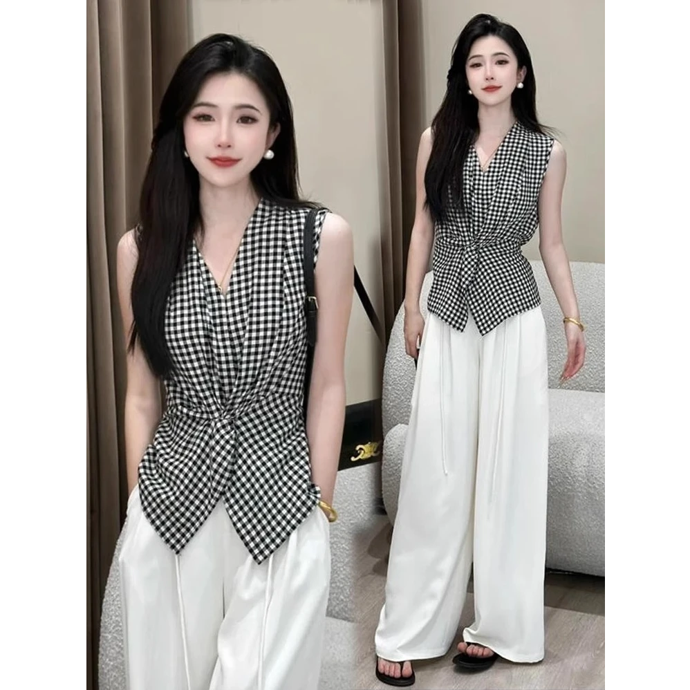 时尚套装女2025夏季新款洋气V领无袖黑白格纹衬衫阔腿裤两件套潮
