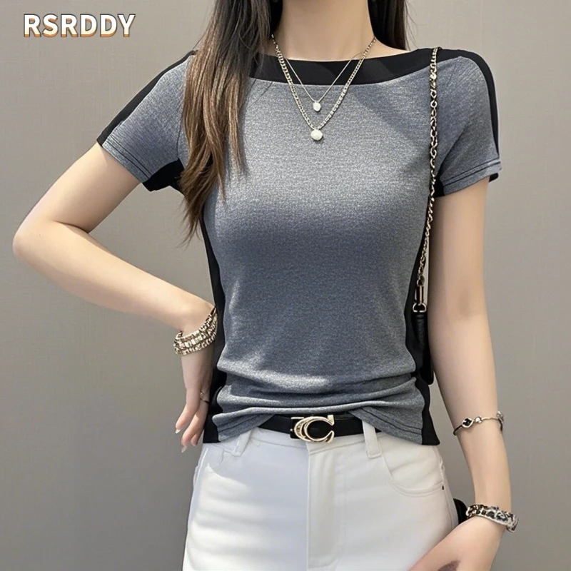 RSRDDY螺纹一字领拼色短袖t恤女春夏修身打底衫内搭显瘦时尚上衣