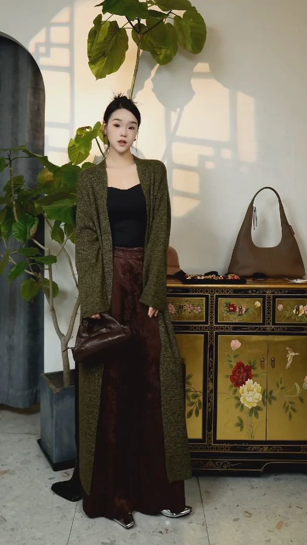 复古绿羊绒混纺长款外套 均码