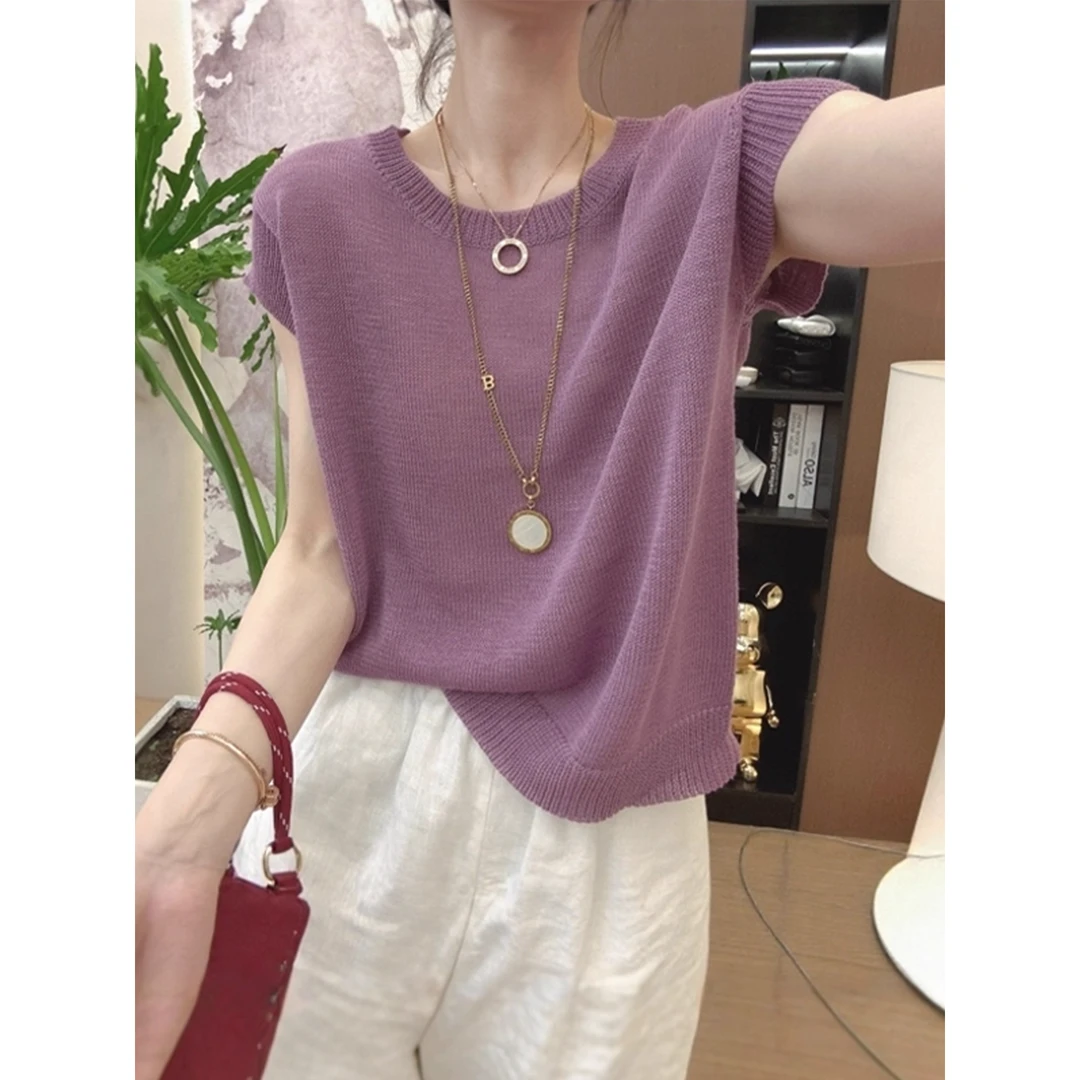 B 门店36&9！云呼吸T恤」莱赛尔天丝亚麻小飞袖休闲针织上衣女T4700