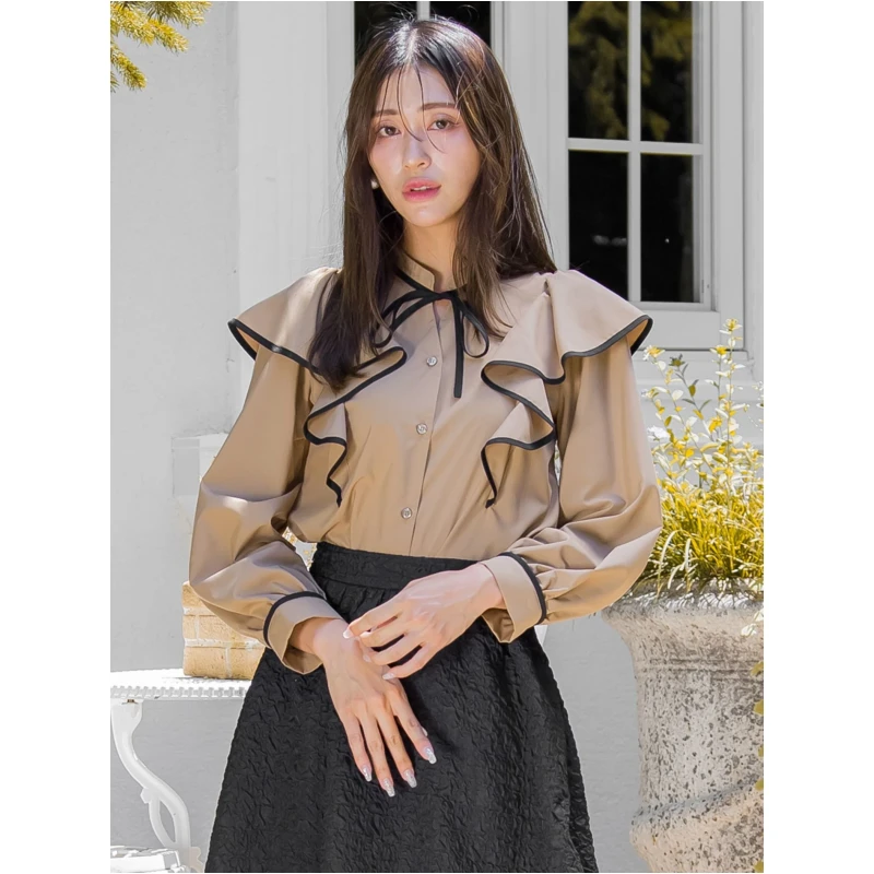 【Montendre】 初秋 Q 荷叶边时尚衬衣设计感双色系带长袖衬衫
