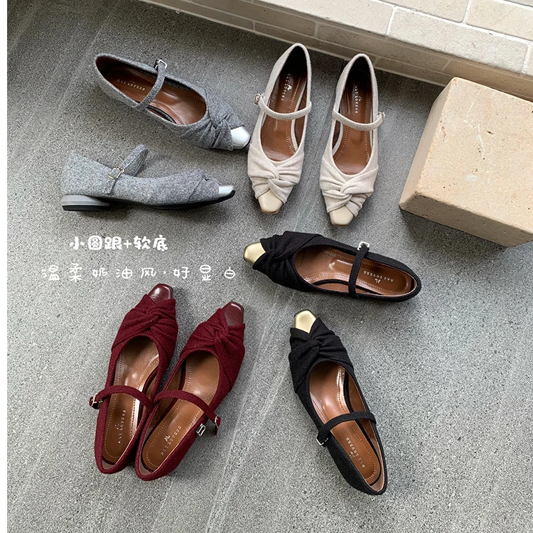 推荐2025春秋季新款绒面小方头优雅淑女气质一字扣带浅口拼色单鞋