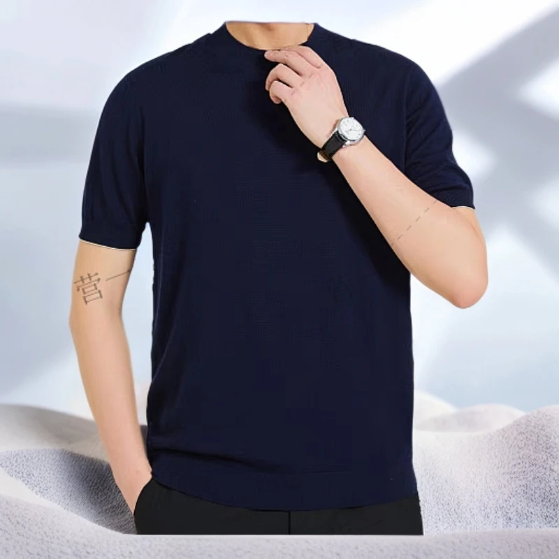 营一/男士休闲亲肤透气柔软薄纯色款时尚圆领毛衫百搭半袖