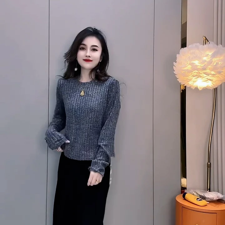 高端韩版亮闪闪磨毛圆领小衫设计感纯色套头打底独特小众穿搭上衣