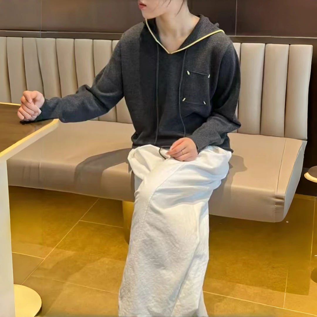 针织连帽极简风秋冬季短款毛针织衫休闲套头春款百搭拼色系带MM女