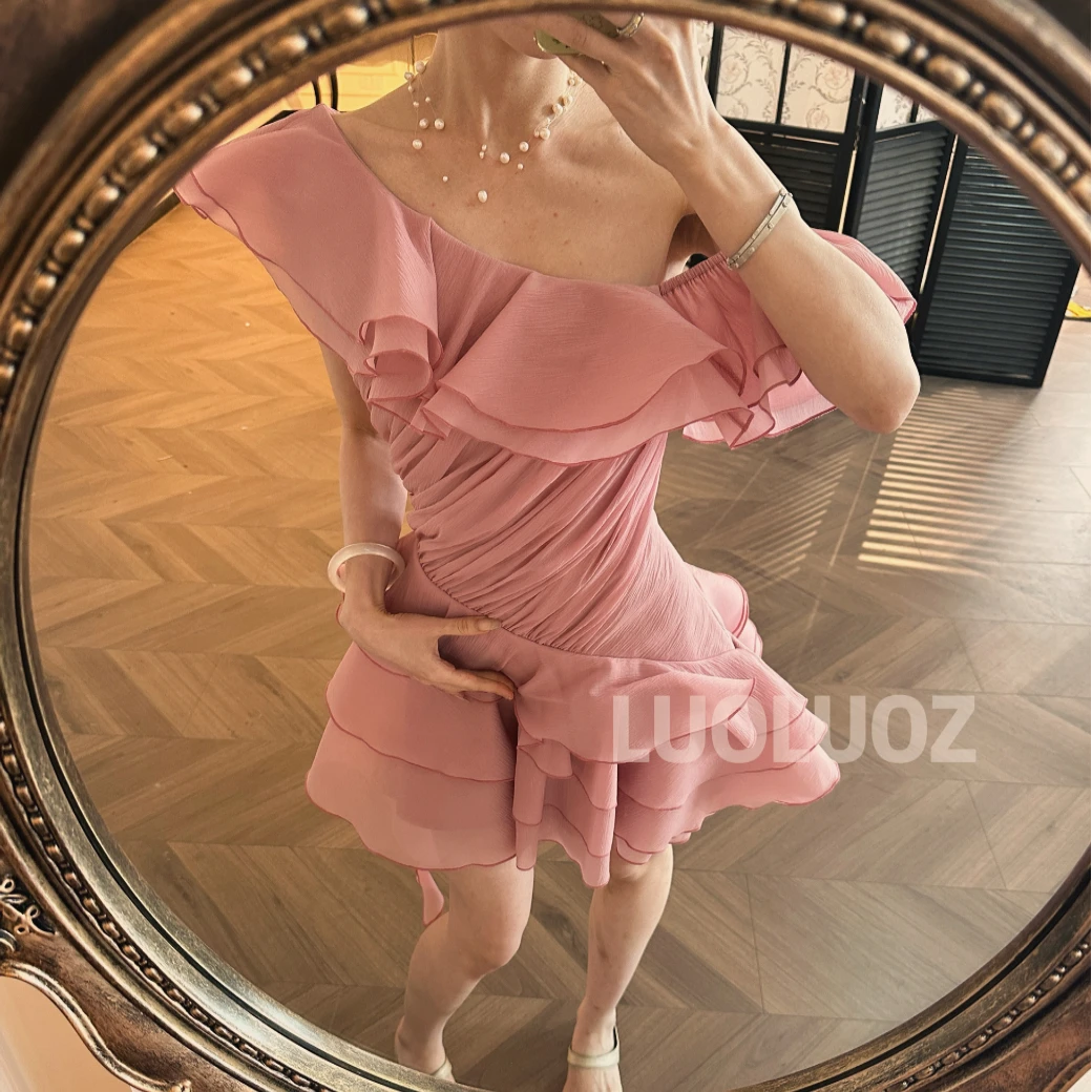 【现货】LUOLUOZ【柏林粉雾】绝美色系仙气收腰百褶短款连衣裙JF817