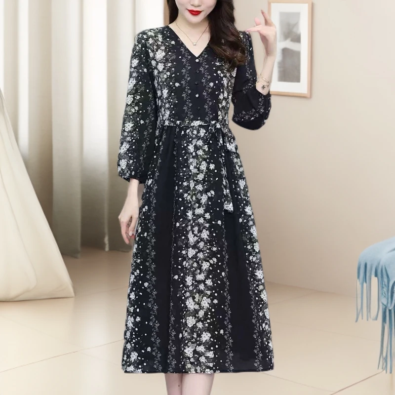 《雪》黑松露气质款经典印花连衣裙优雅连衣裙子