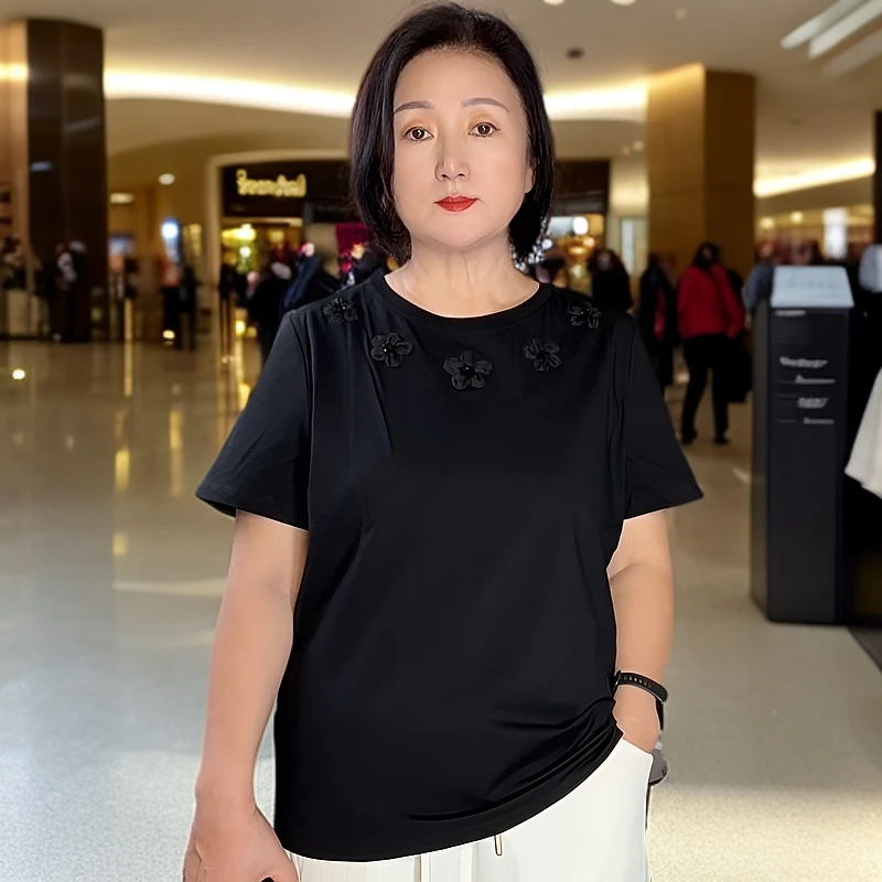2025JP夏款6058手工珠珠绣圆领薄款女士时尚百搭百夏季搭休闲半袖