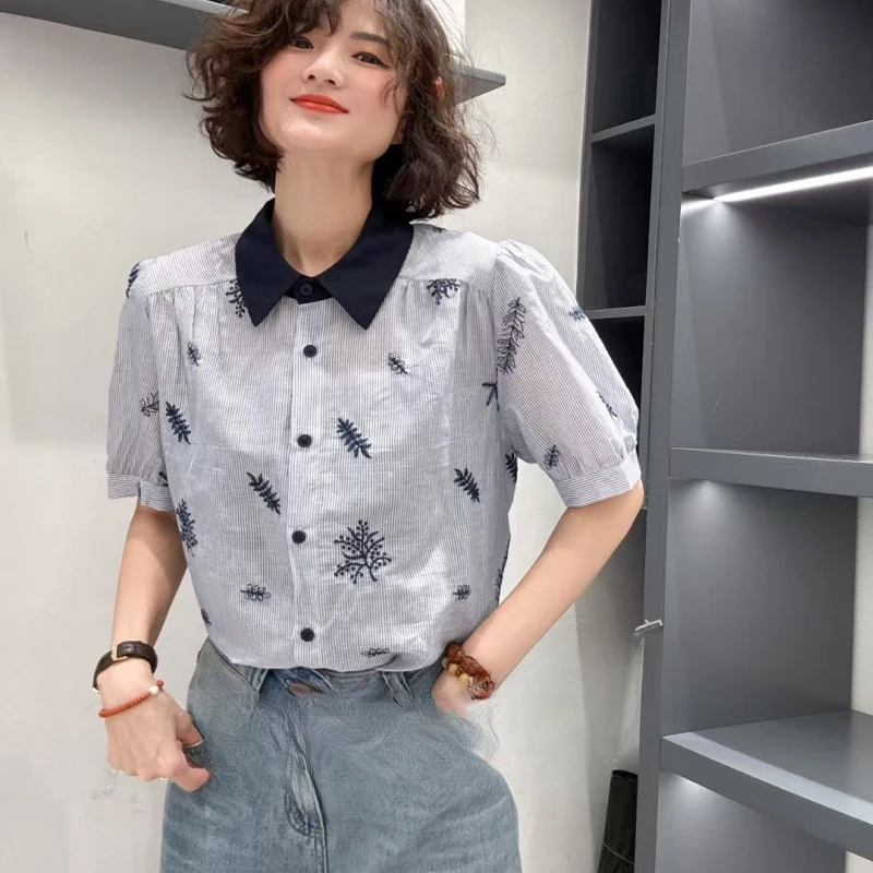 别致藏青领独特植物刺绣条纹女士衬衫夏季文艺感短袖衬衣宽松休闲