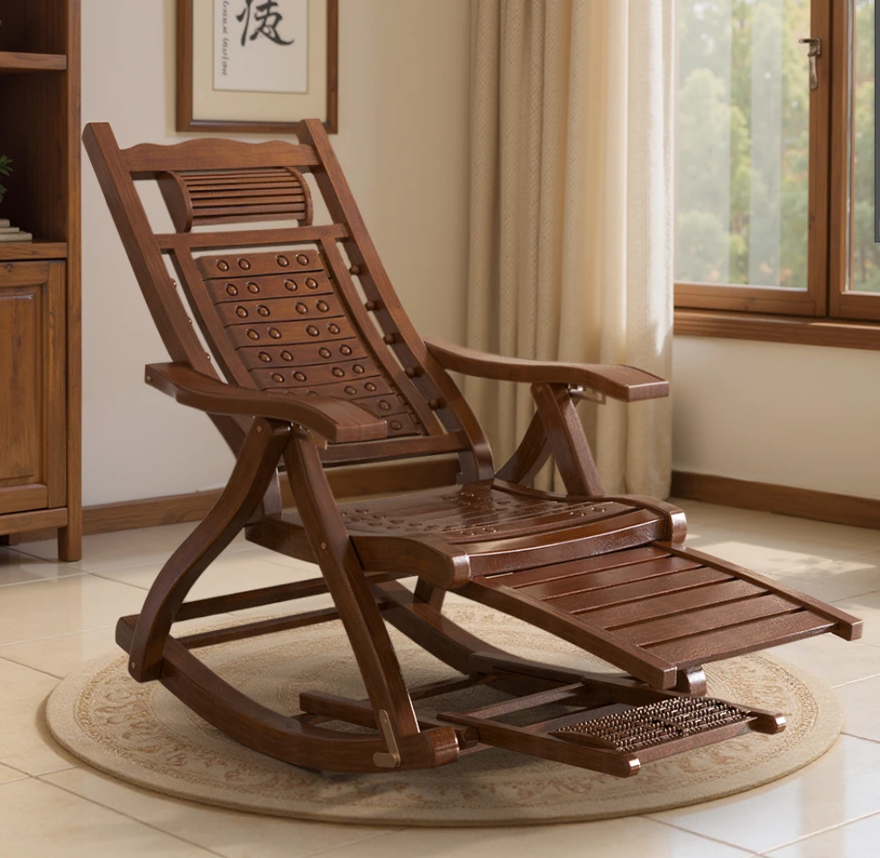 新中式三代龙珠家用摇摇椅加厚折叠摇椅午休懒人阳台休闲家用躺椅