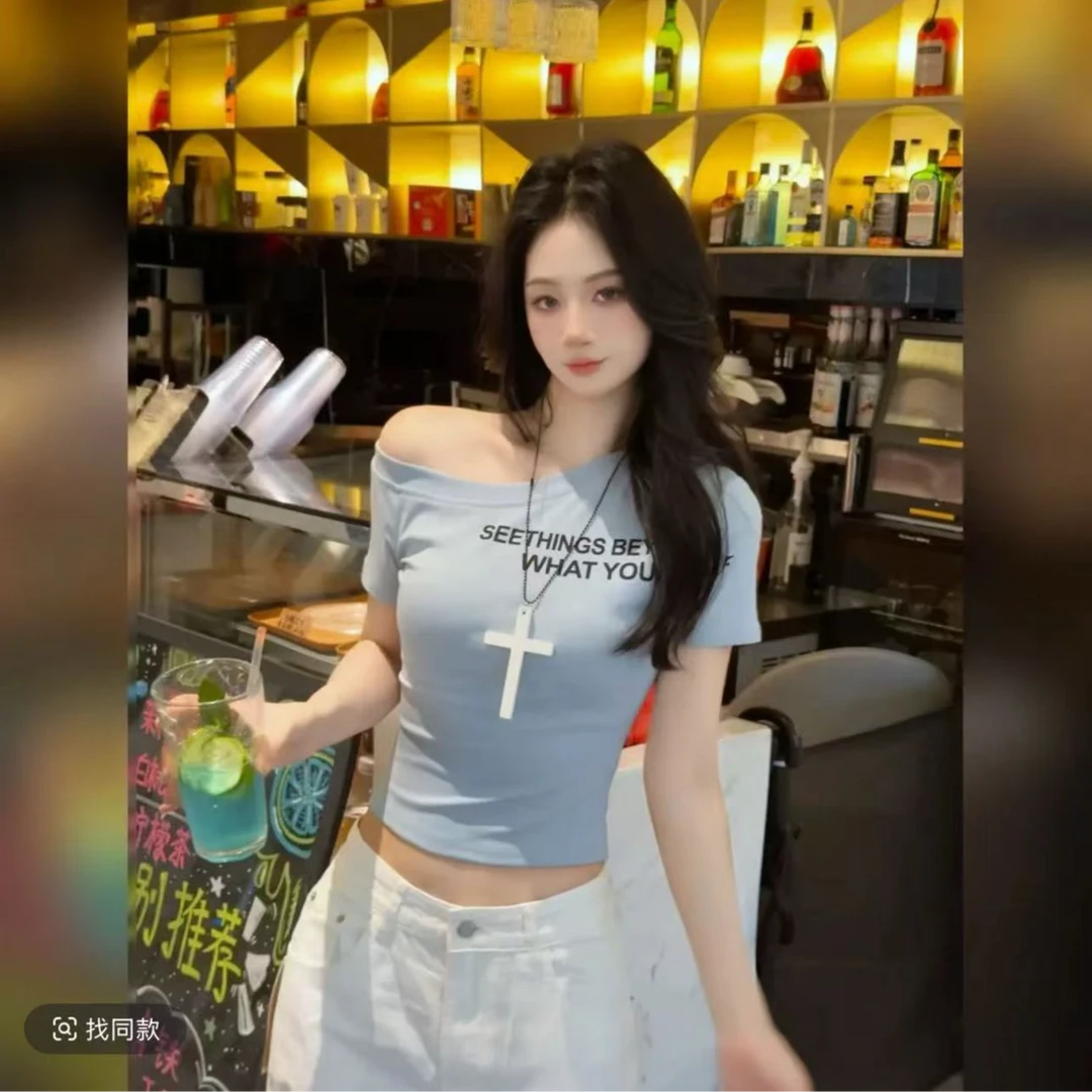 紫皇冠夏季新款百搭显瘦字母印花韩版时尚短袖T桖设计感修身上衣